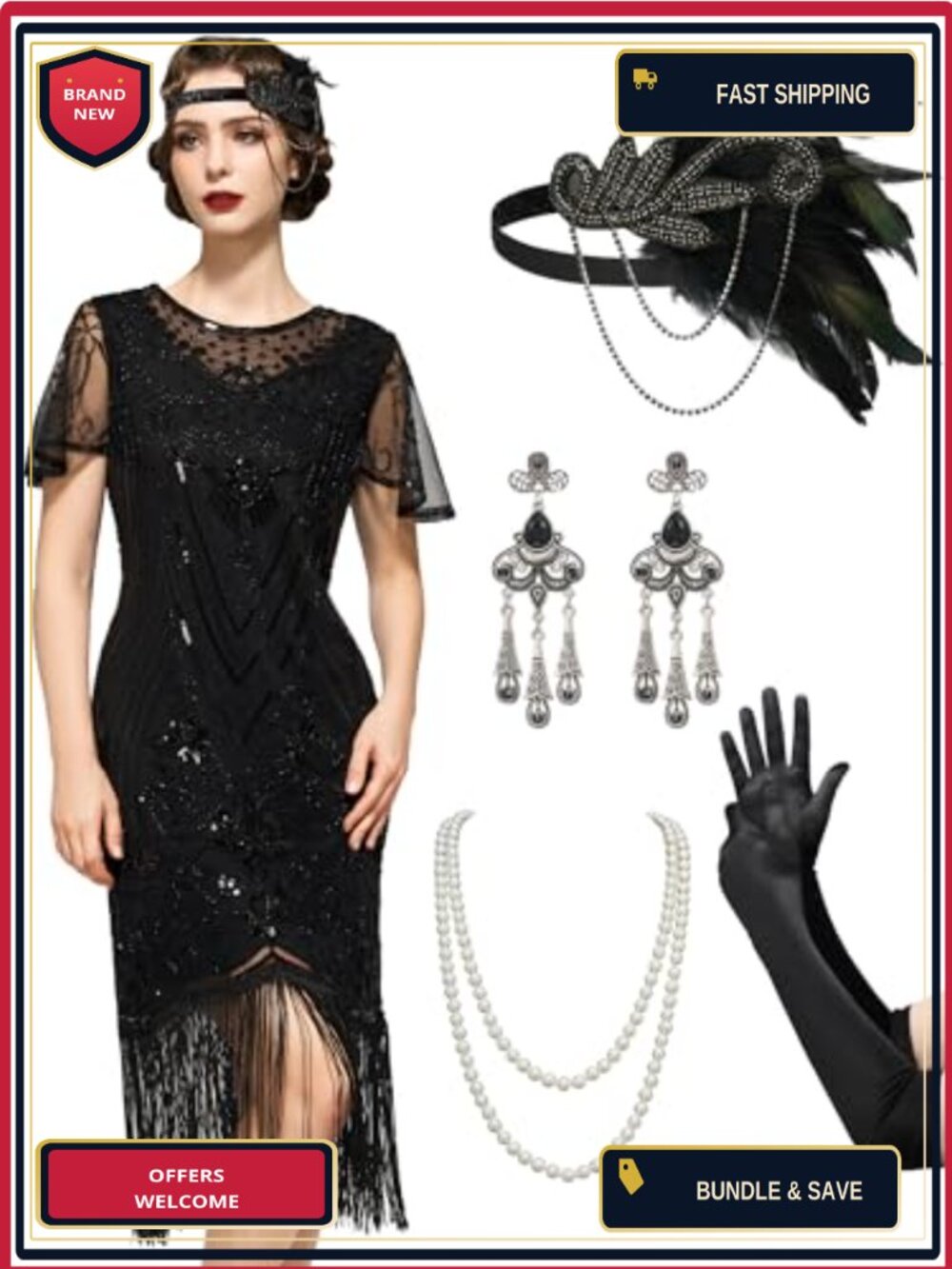 SWEETV 1920s Flapper Dress Lace Neck Fringe Mesh Short Sleeve Roaring 20s